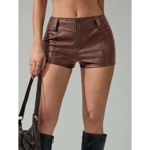 SHEIN Faux Leather Micro Shorts Brown Front Zip Large L